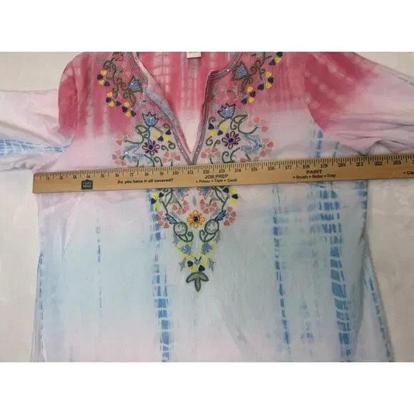 SUNDANCE Tunic Women’s Sz L Dreaming In Color Beaded Tie Dyed Coverup Flaws - Picture 10 of 12